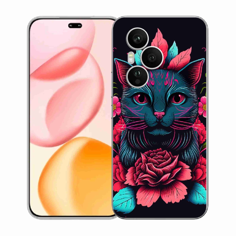 Zselés borítás mmCase a Honor 400 Pro-hoz - virágok és macska