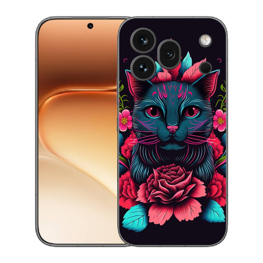 mmCase gél tok az Honor 600 Pro-hoz – virágok és macska