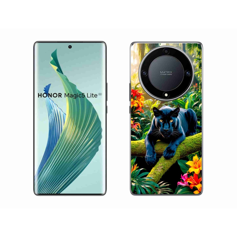 Gél borítás mmCase a Honor Magic 5 Lite 5G számára - fekete párduc a dzsungelben