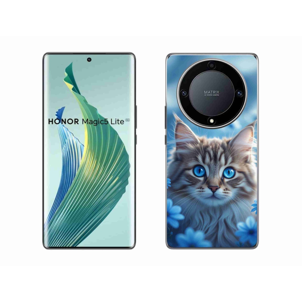 mmCase gél tok az Honor Magic 5 Lite-hoz – kiscica kék virágok között