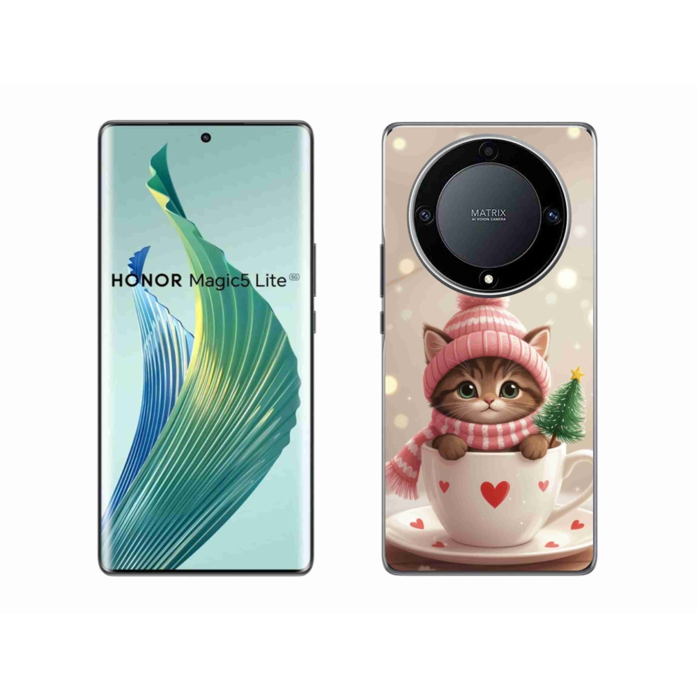mmCase gél tok az Honor Magic 5 Lite-hoz – karácsonyi cica csészében