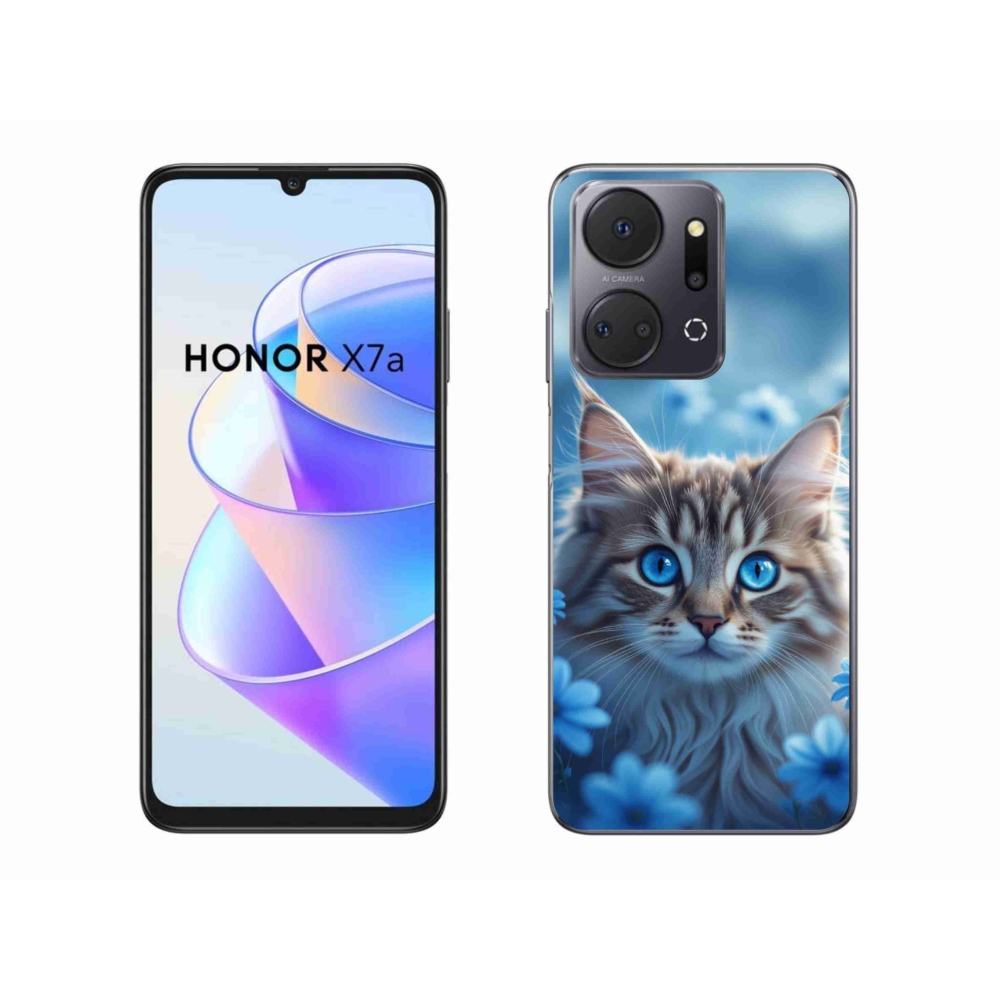 Zselés borító mmCase a Honor X7a készülékhez - kék virágos cica