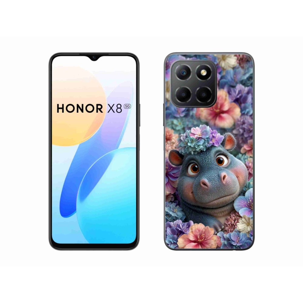 mmCase gél tok az Honor X8 5G/Honor 70 Lite készülékhez – virágokkal díszített kis víziló