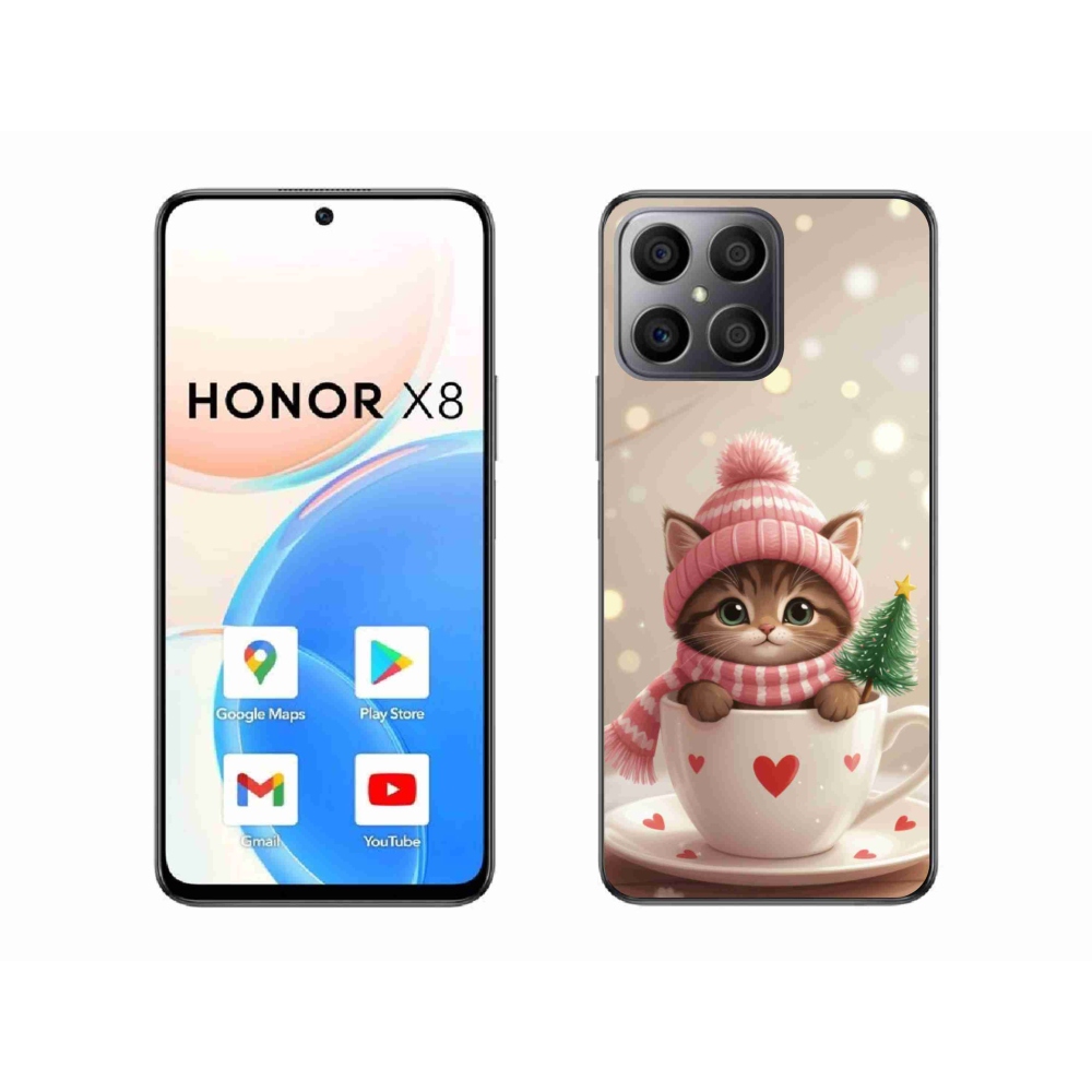 Gél borítás mmCase a Honor X8-hoz - Karácsonyi cica egy csészében