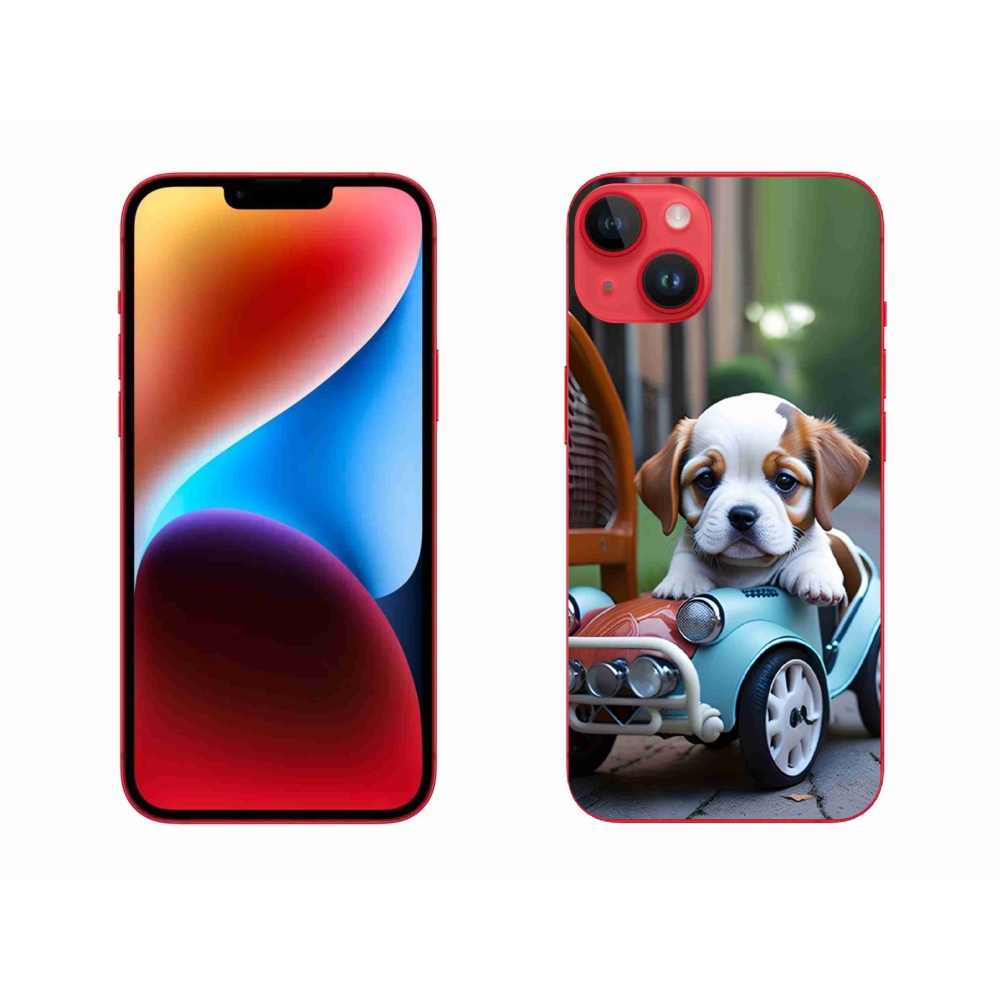 mmCase gél tok az iPhone 14 Plus-hoz – kiskutya egy retro autóban