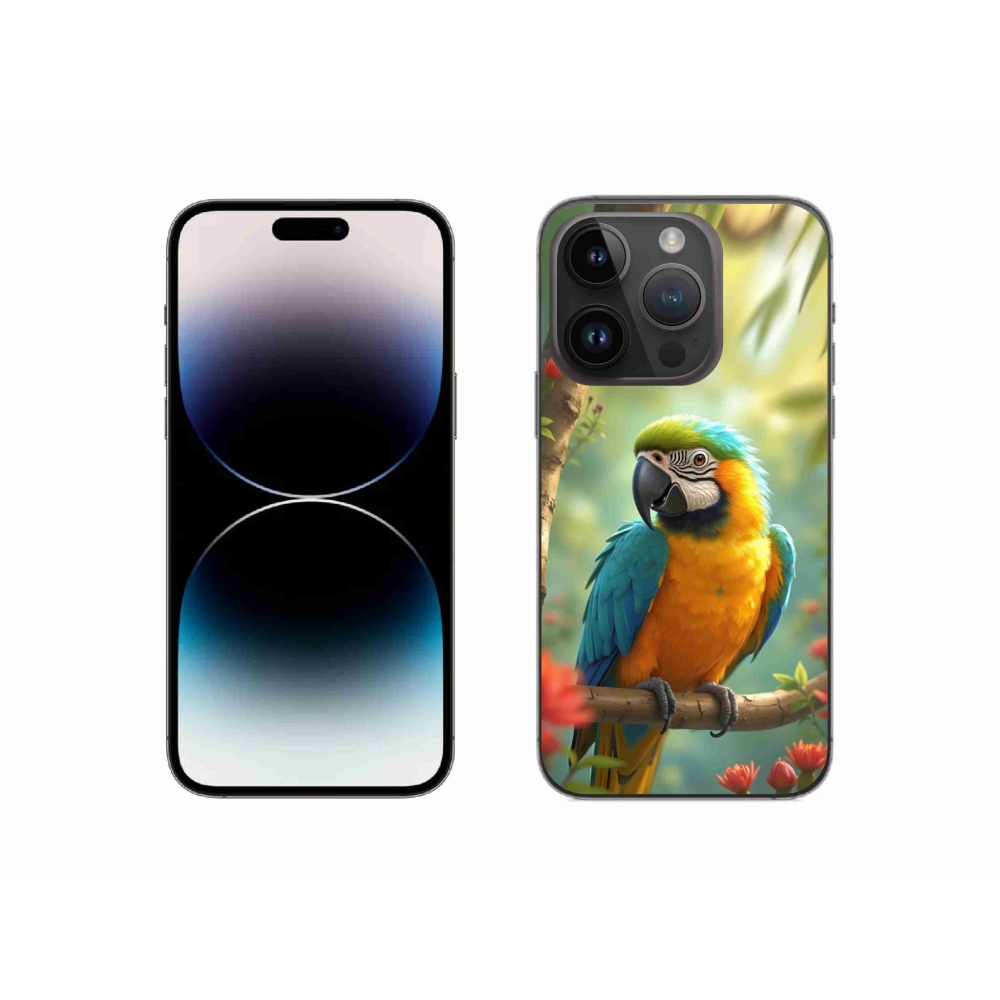 mmCase gél tok az iPhone 14 Pro-hoz – kék-sárga ara papagáj