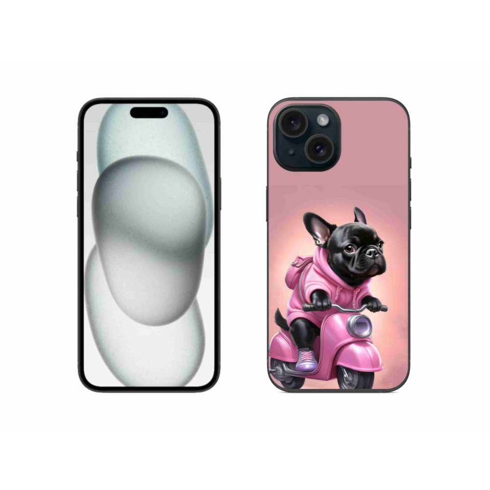 Gél borítás mmCase iPhone 15 készülékhez - Francia bulldog egy robogón