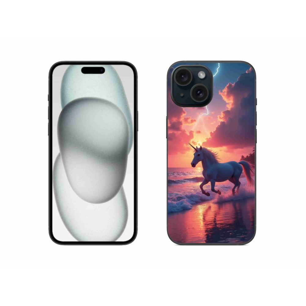 Zselés borítás mmCase iPhone 15 készülékhez - egyszarvú a tengerparton