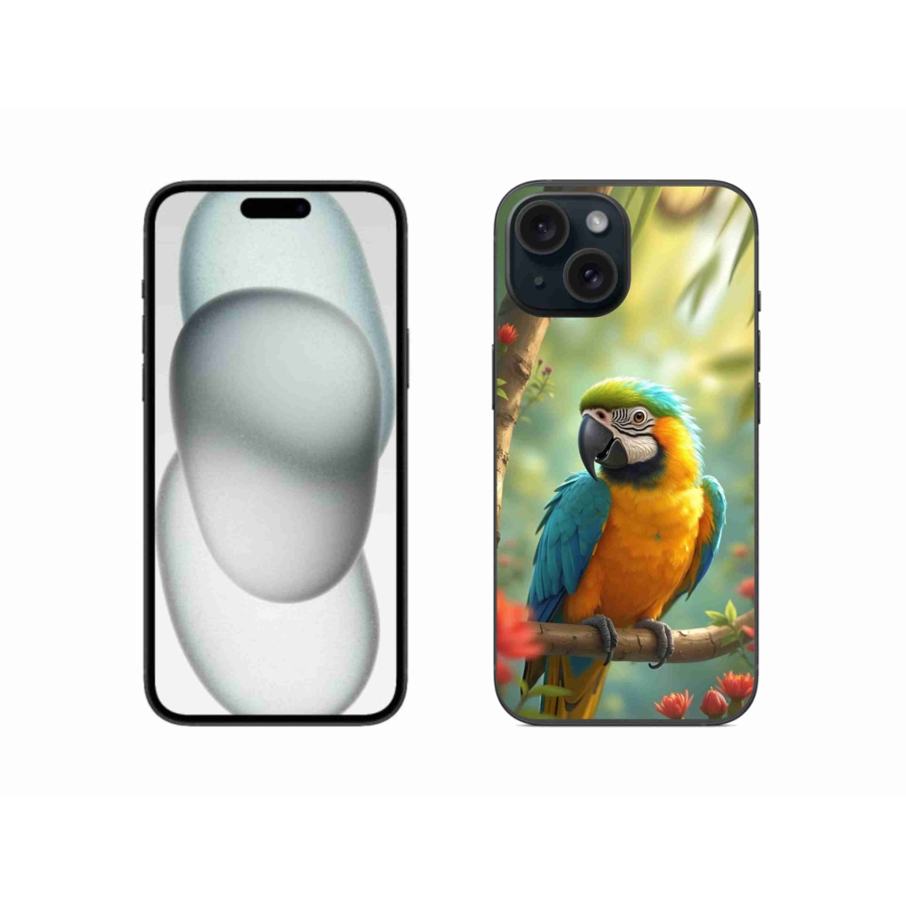 mmCase gél tok az iPhone 15-hez – kék-sárga ara papagáj