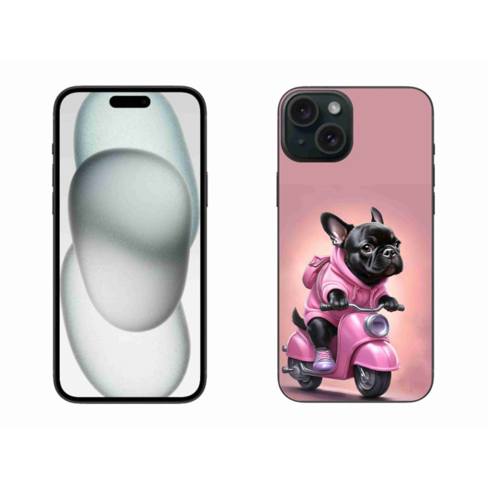 Gél borítás mmCase iPhone 15 Plus készülékhez - Francia bulldog egy robogón