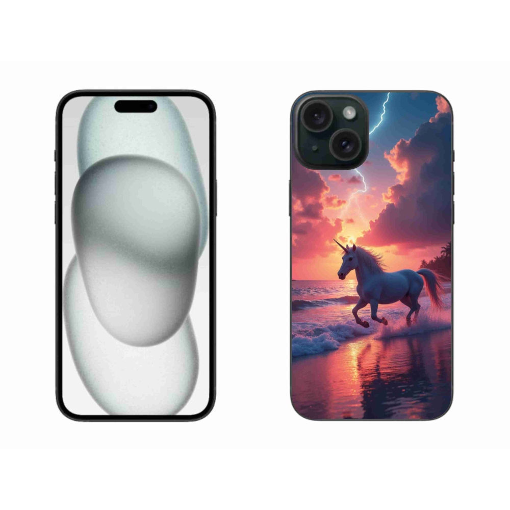 Zselés borítás mmCase iPhone 15 Plus készülékhez - egyszarvú a tengerparton