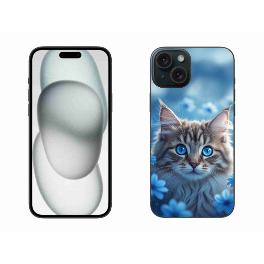 mmCase gél tok az iPhone 15 Plus-hoz – kiscica kék virágok között