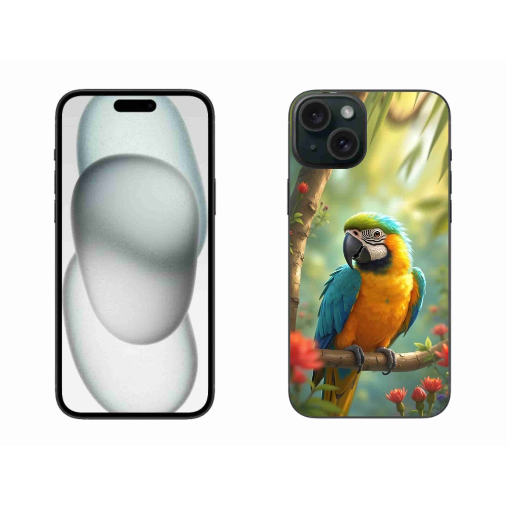mmCase gél tok az iPhone 15 Plus-hoz – kék-sárga ara papagáj
