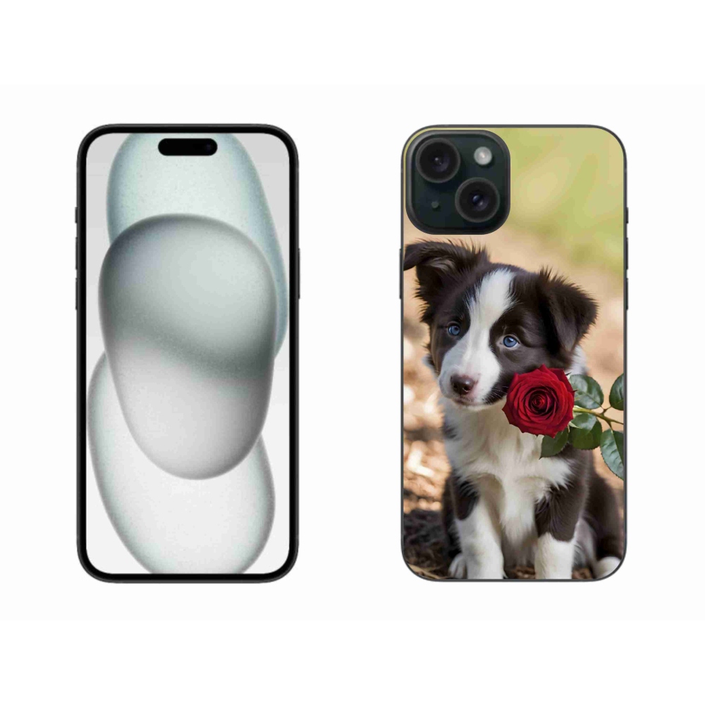 mmCase gél tok az iPhone 15 Plus-hoz – aranyos border collie rózsával
