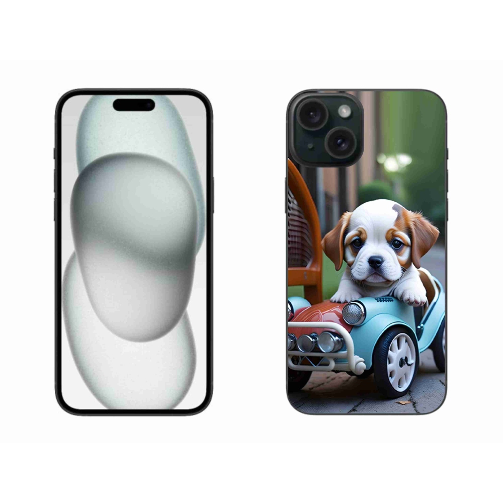mmCase gél tok az iPhone 15 Plus-hoz – kiskutya egy retro autóban