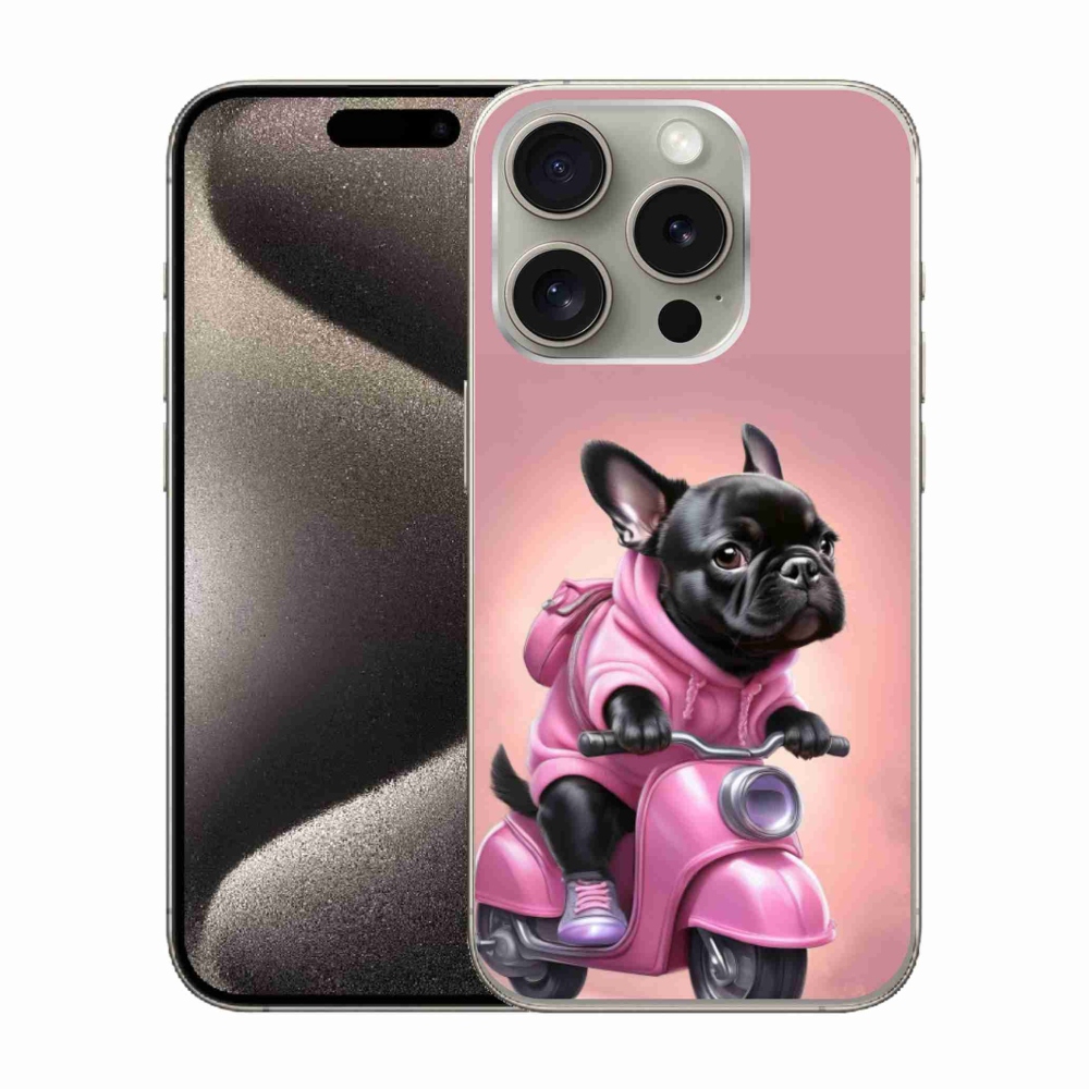 Gél borítás mmCase iPhone 15 Pro készülékhez - Francia bulldog egy robogón