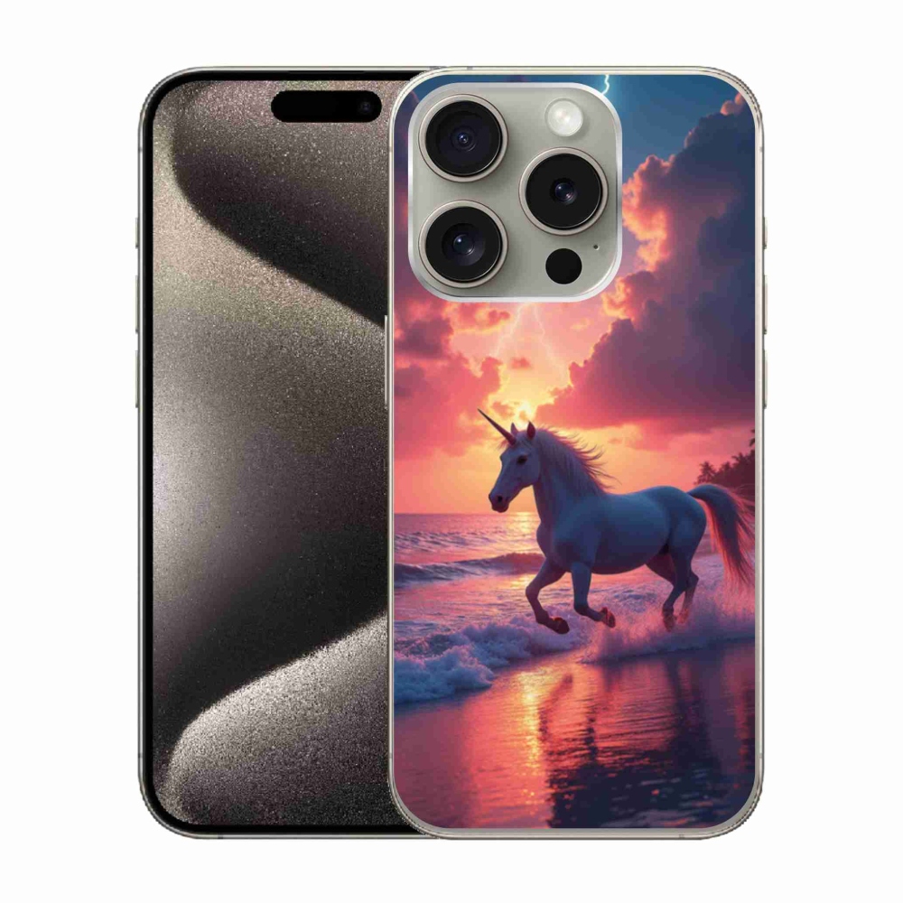 Zselés borítás mmCase iPhone 15 Pro készülékhez - egyszarvú a tengerparton