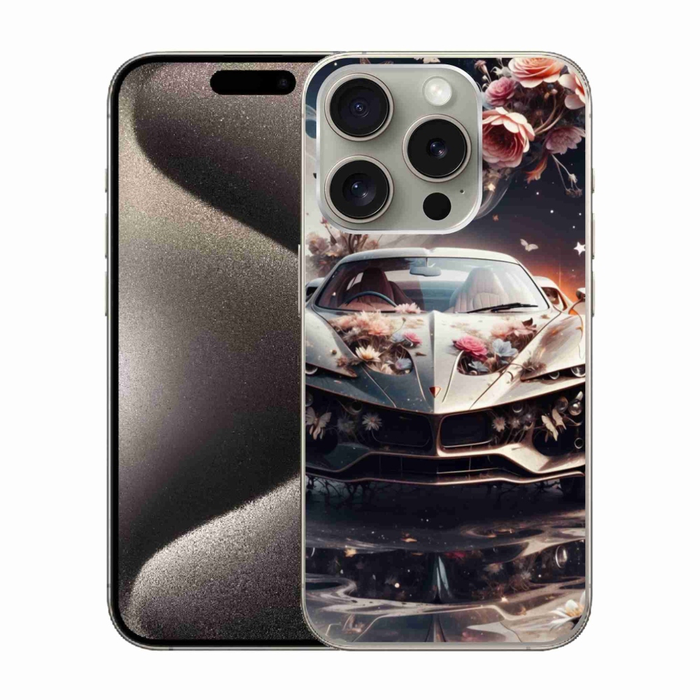 Gél borítás mmCase iPhone 15 Pro készülékhez - virágos sportkocsi