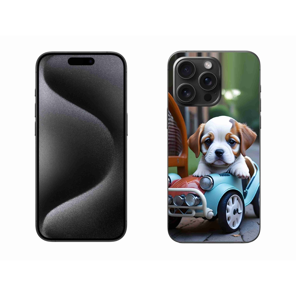 mmCase gél tok az iPhone 15 Pro Max-hoz – kiskutya egy retro autóban