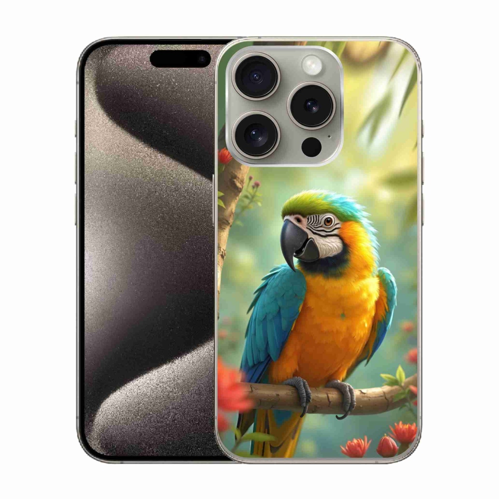 mmCase gél tok az iPhone 15 Pro-hoz – kék-sárga ara papagáj