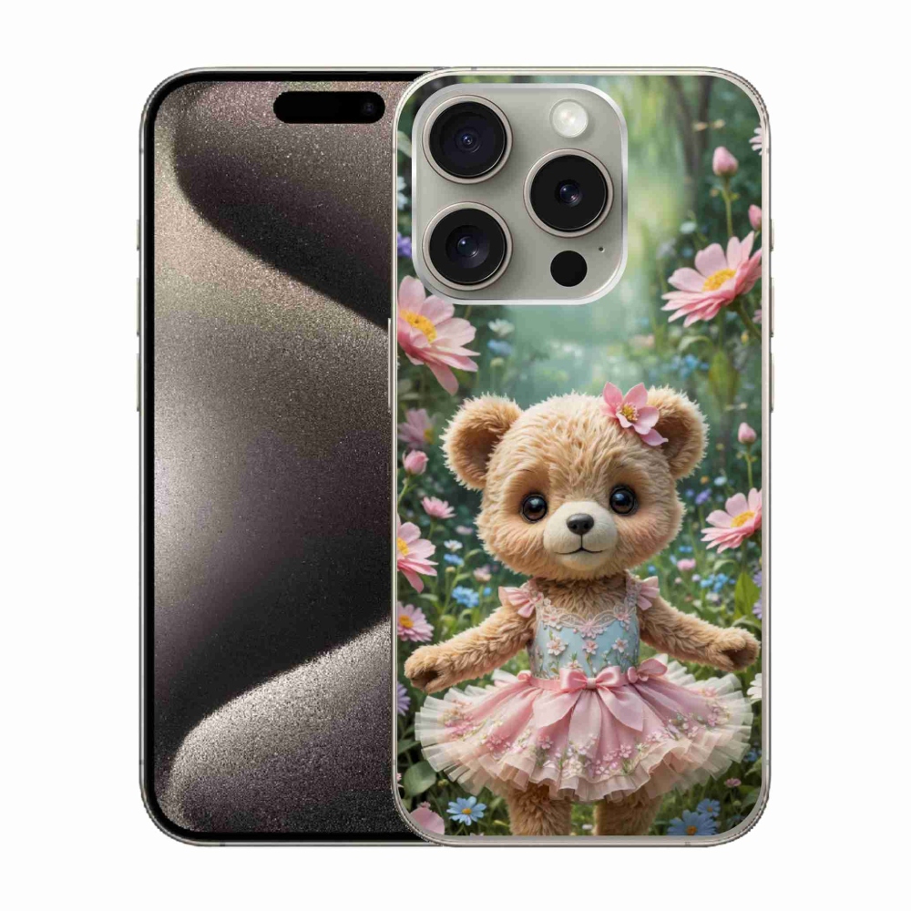mmCase gél tok az iPhone 15 Pro-hoz – aranyos mackó virágok között
