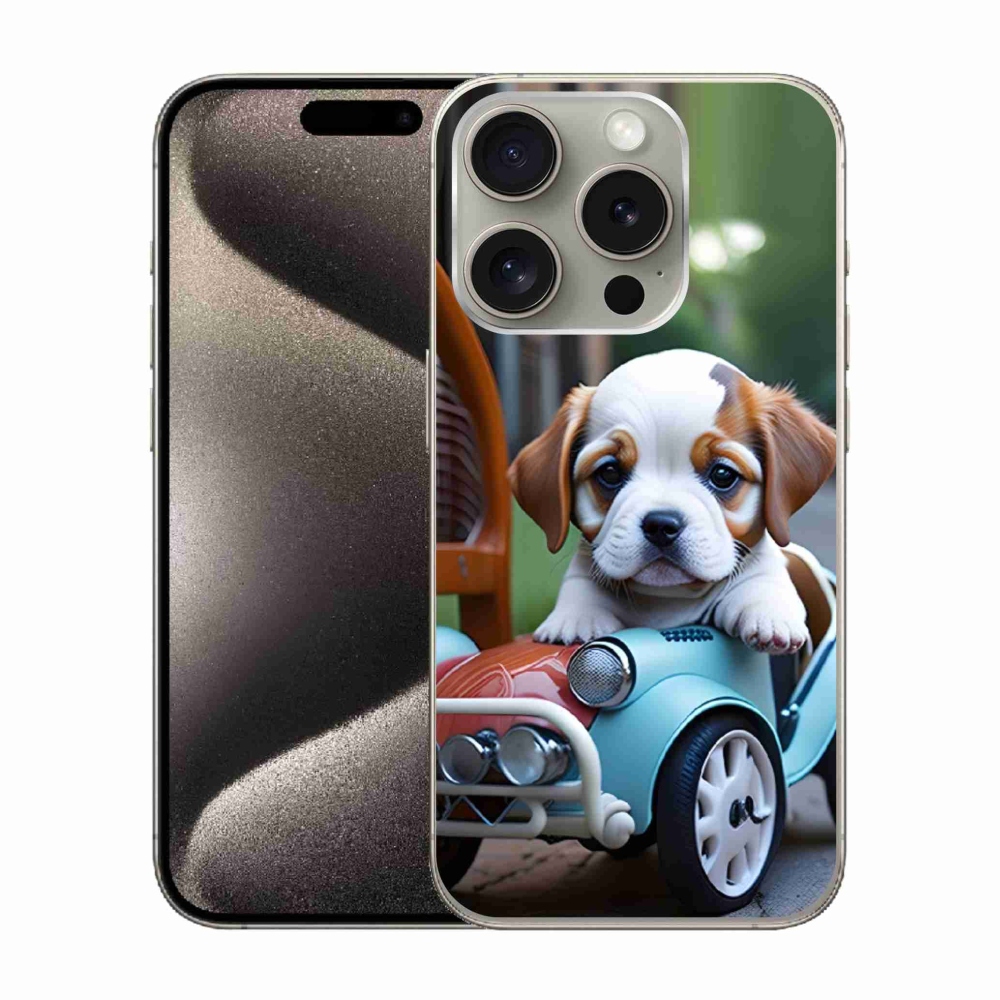 mmCase gél tok az iPhone 15 Pro-hoz – kiskutya egy retro autóban