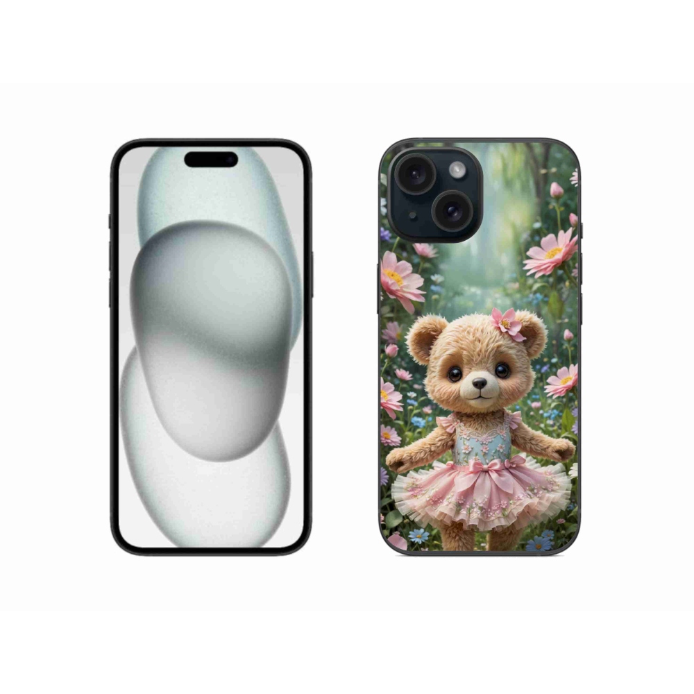 mmCase gél tok az iPhone 15-hez – aranyos mackó virágok között