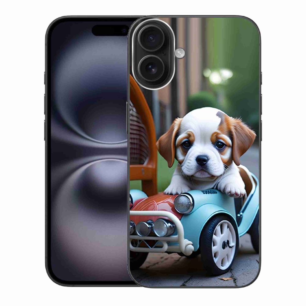 mmCase gél tok az iPhone 16 Plus-hoz – kiskutya egy retro autóban