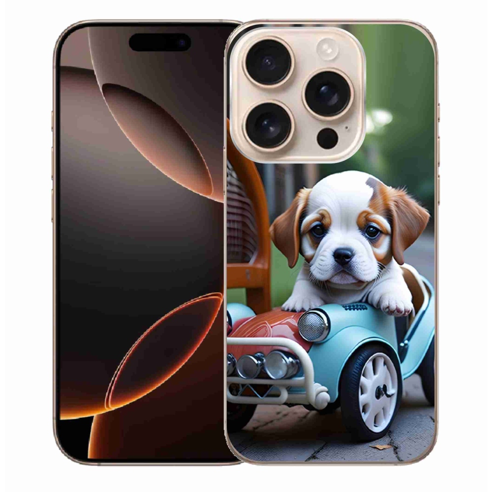 mmCase gél tok az iPhone 16 Pro Max-hoz – kiskutya egy retro autóban