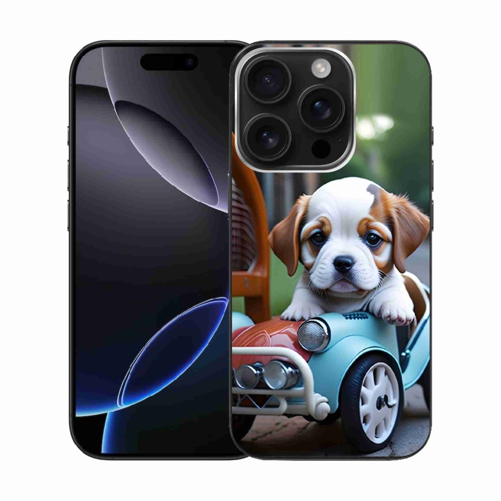 mmCase gél tok az iPhone 16 Pro-hoz – kiskutya egy retro autóban