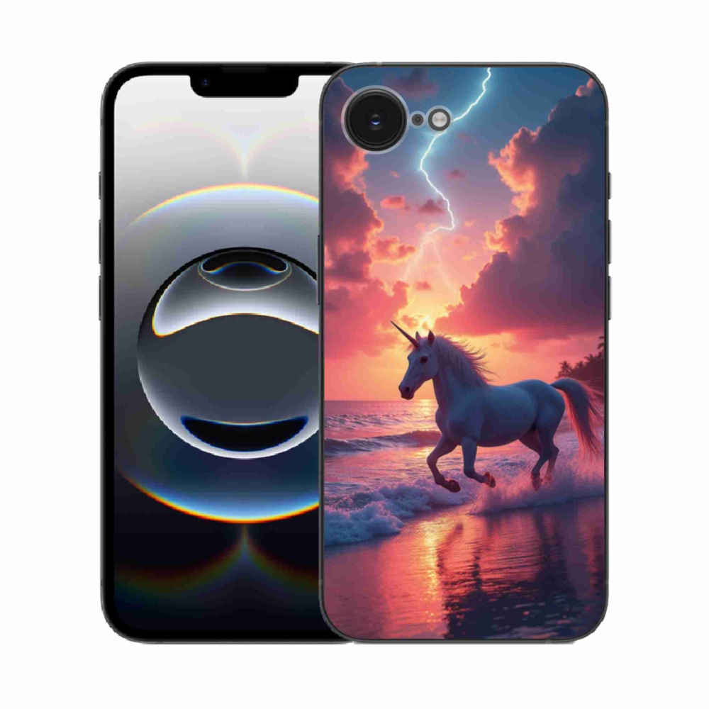 Gél borítás mmCase iPhone 16e készülékhez - egyszarvú a tengerparton