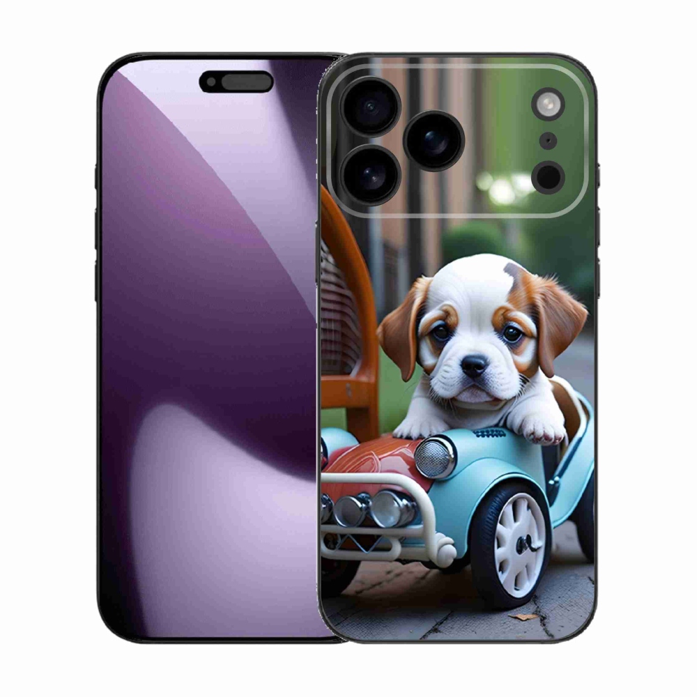 mmCase gél tok az iPhone 17 Pro Max-hoz – kiskutya egy retro autóban