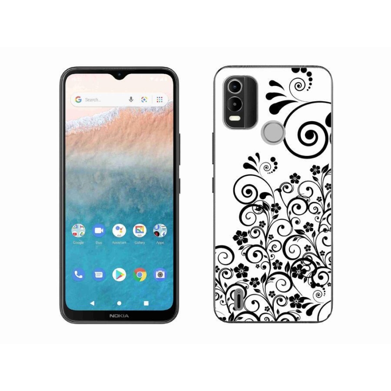 Zselés borítás mmCase mobiltelefonhoz Nokia C21 Plus - fekete-fehér virágminták
