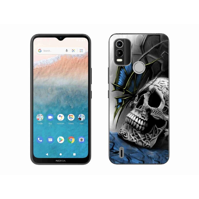 Zselés borítás mmCase mobiltelefonhoz Nokia C21 Plus - pillangó és koponya