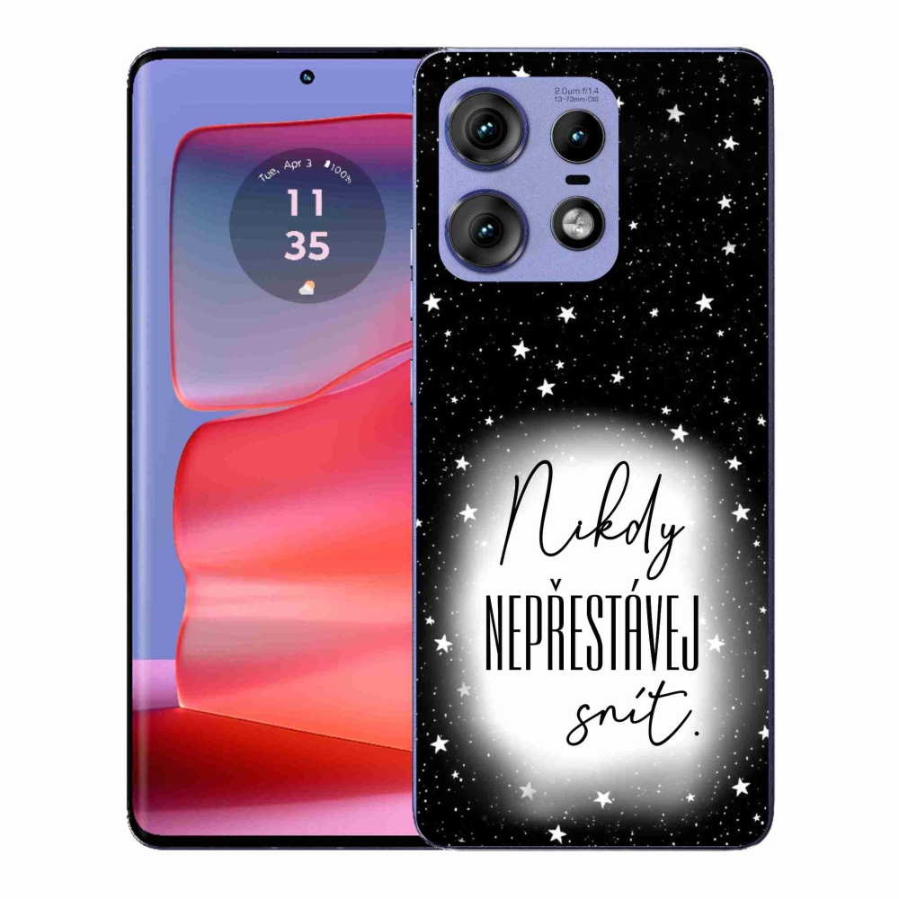 Gél védőburkolat mmCase a Motorola Edge 50 Pro készülékhez - Quote 1 fehér és fekete háttérrel