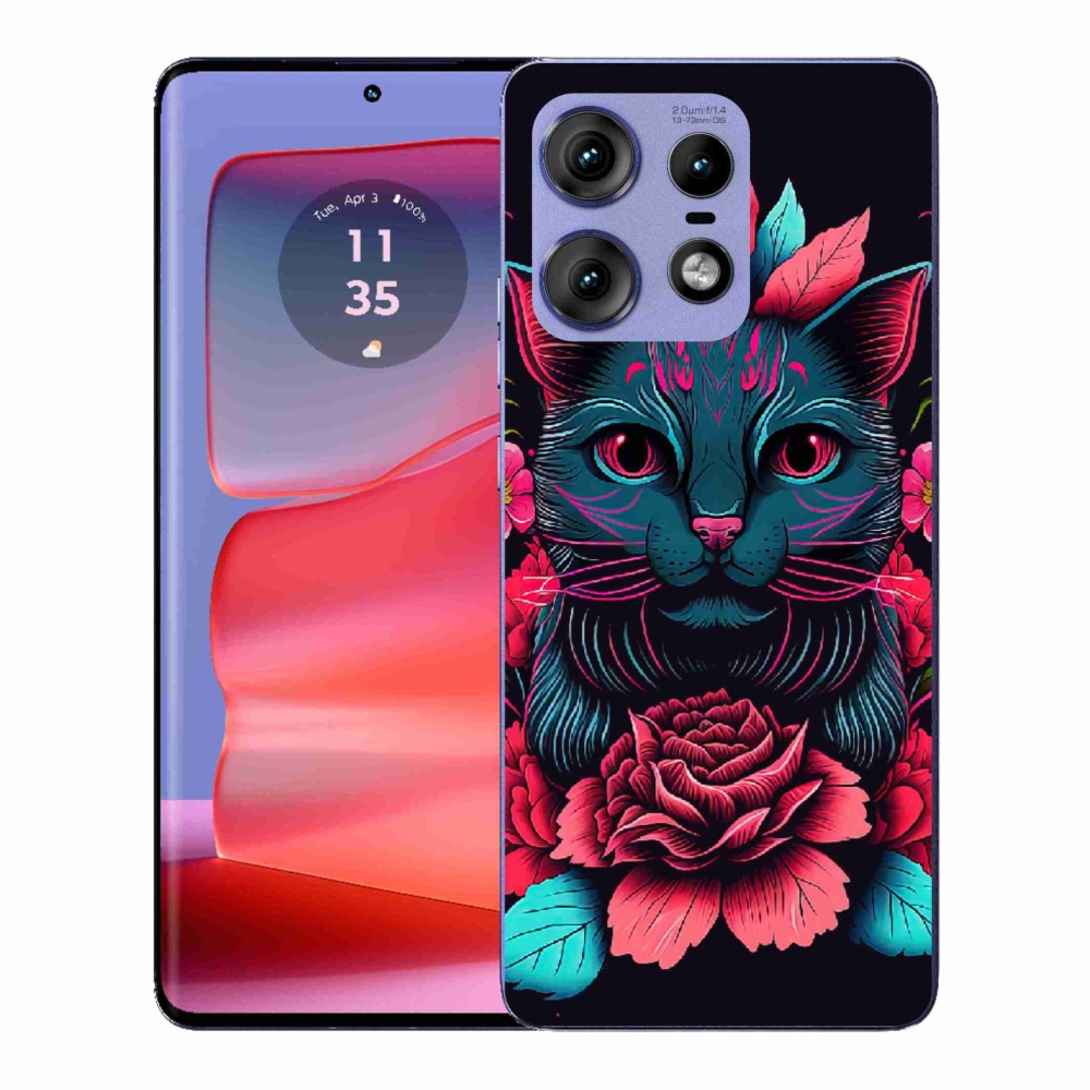Zselés borítás mmCase a Motorola Edge 50 Pro készülékhez - virágok és macska