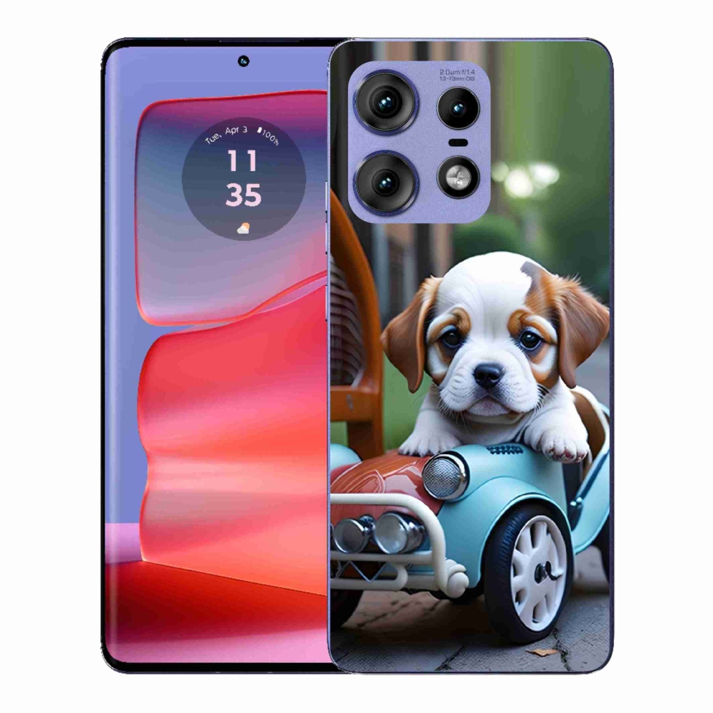 Zselés borítás mmCase a Motorola Edge 50 Pro készülékhez - kiskutya retro autóban