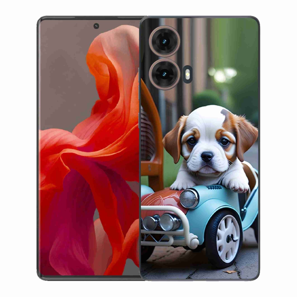 Gél borítás mmCase a Motorola Moto G85 5G - kiskutya retro autóban
