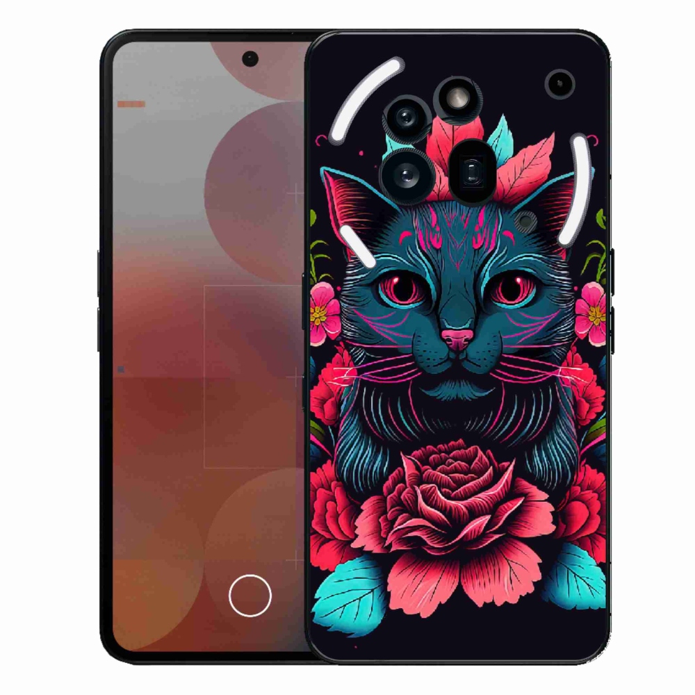 Zselés borító mmCase a Nothing Phone (3a) Pro készülékhez - virágok és macska