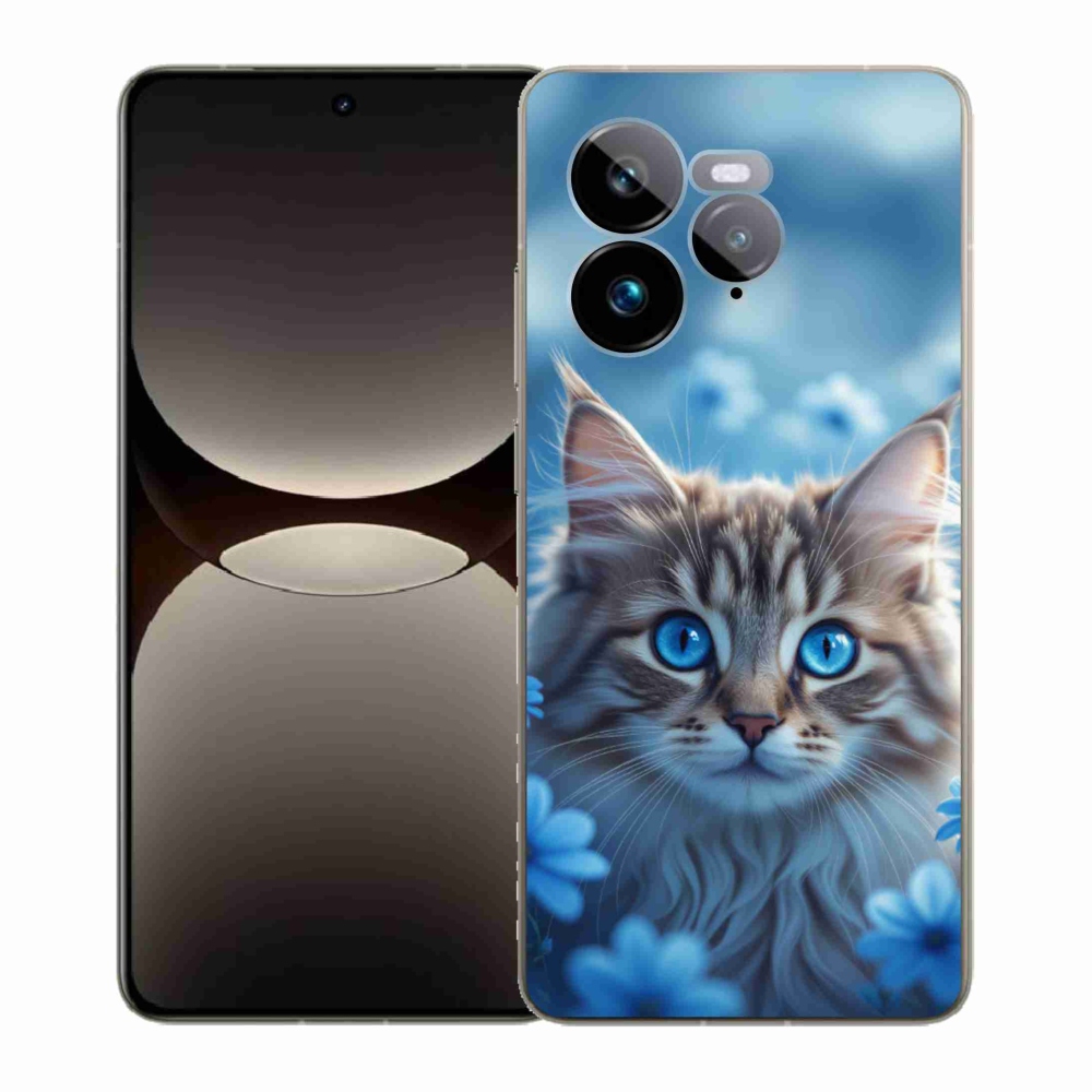 mmCase gél tok a Realme GT 7 Pro 5G-hez – kiscica kék virágokkal