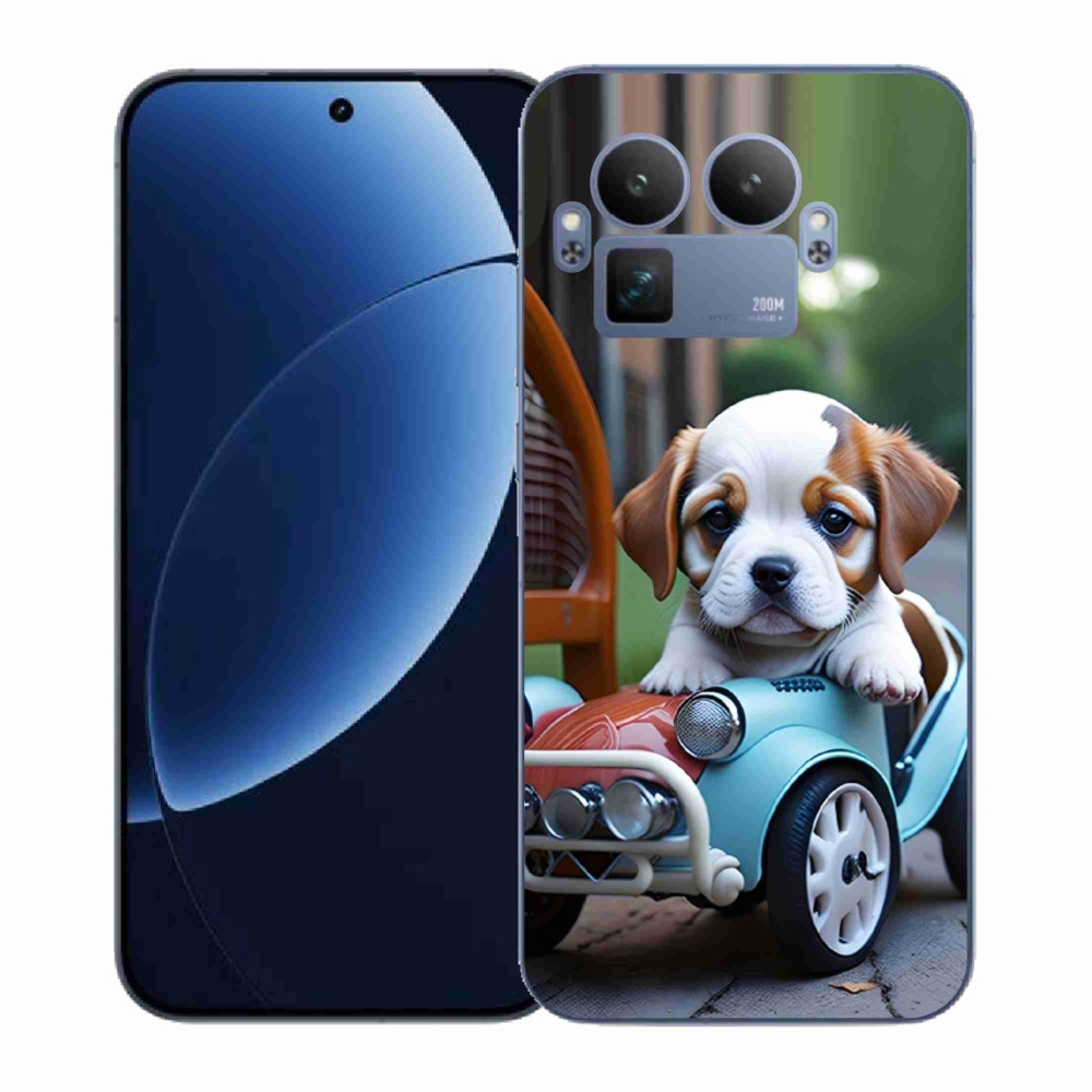 Gél borítás mmCase a Realme GT 8 Pro 5G számára - kiskutya retro autóban