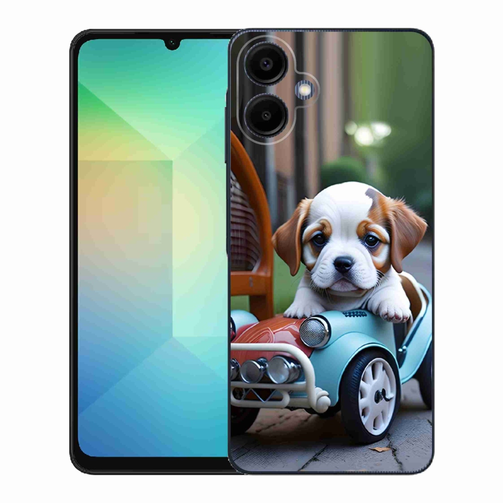 Gél borítás mmCase Samsung Galaxy A06-hoz - kiskutya egy retro autóban