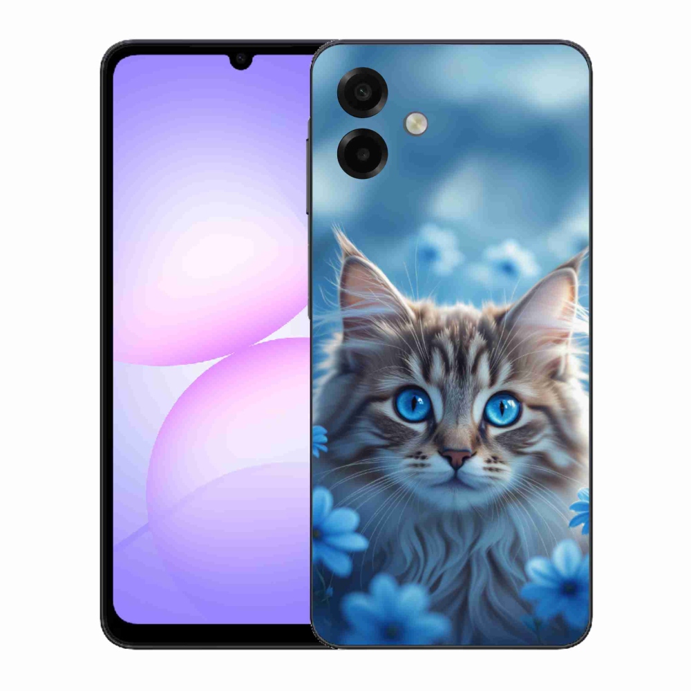 Gél borítás mmCase Samsung Galaxy A07 készülékhez - cica kék virágokkal