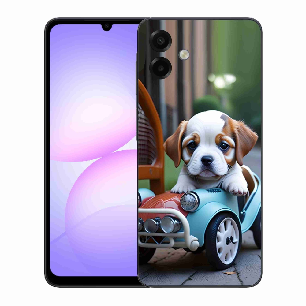 Gél borítás mmCase Samsung Galaxy A07 készülékhez - kiskutya egy retro autóban