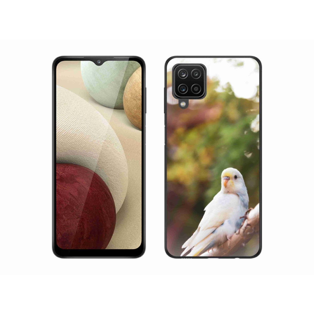 Zselés borítás mmCase Samsung Galaxy A12 készülékhez - papagáj andulka fehér