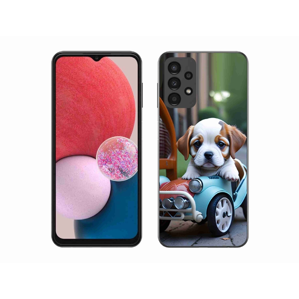 Gél borítás mmCase Samsung Galaxy A13 készülékhez - kiskutya egy retro autóban
