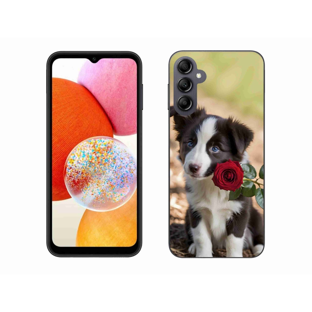 Gél borítás mmCase Samsung Galaxy A14 4G/5G készülékhez - aranyos border collie rózsával