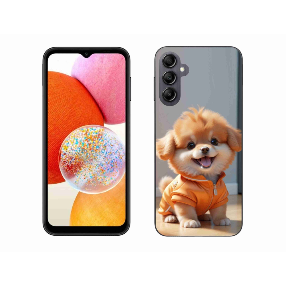 Zselés borítás mmCase Samsung Galaxy A14 4G/5G készülékhez - aranyos pomerániai állat melegítőben
