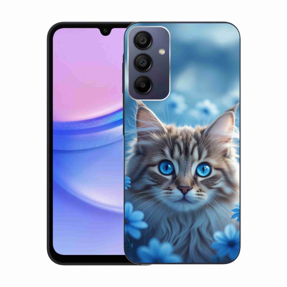 Gél védőhuzat mmCase Samsung Galaxy A15 4G/5G készülékhez - cica kék virágokkal