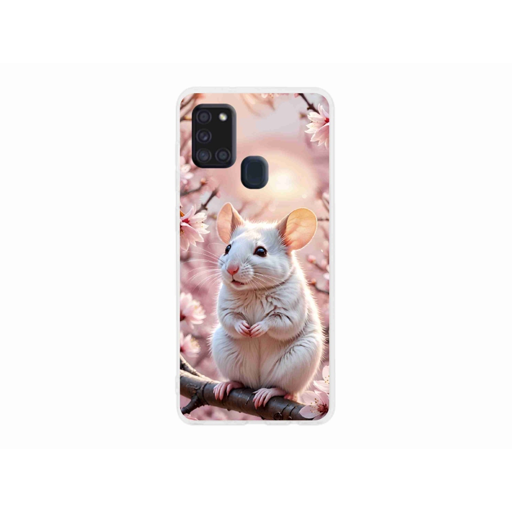 Zselés borítás mmCase Samsung Galaxy A21s készülékhez - fehér egér az ágon